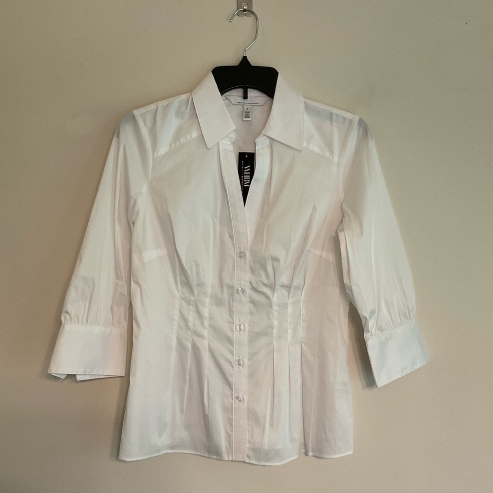 White House Black Market 3/4 Sleeve Pleated Waist Poplin Blouse~Size 4~NWT
